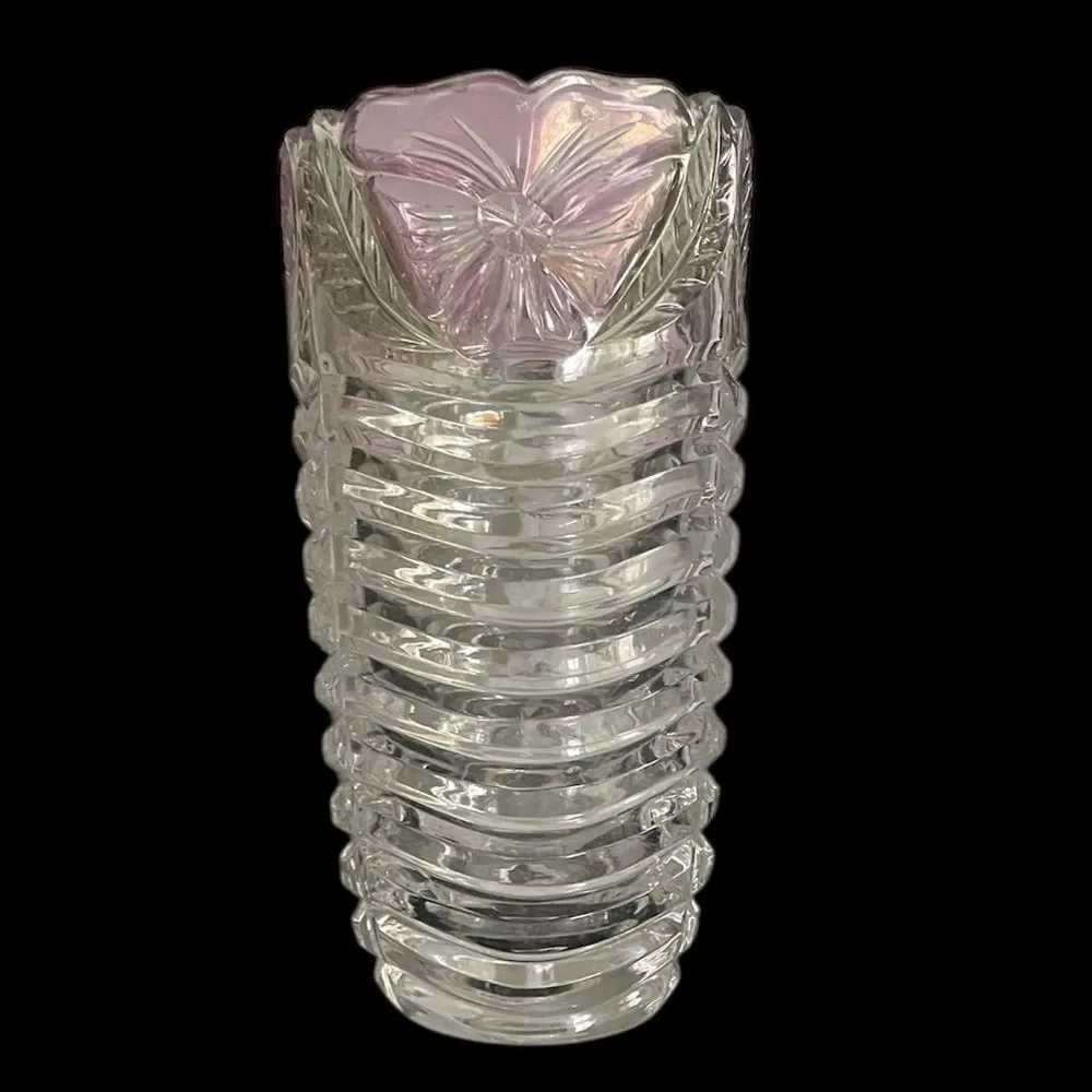 Crystal Clear hand-cut 24% lead crystal vase with pink floral rim, Germany